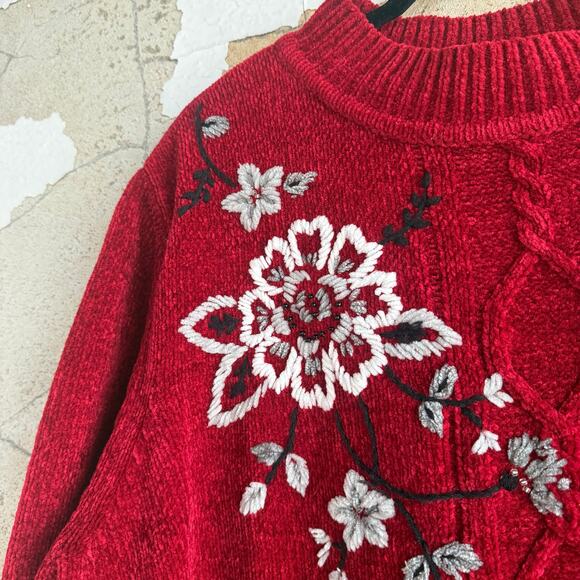 Vtg Alfred Dunner Chenille Sweater Red Cable Knit Embroidery Floral Holiday XL - Picture 3 of 8